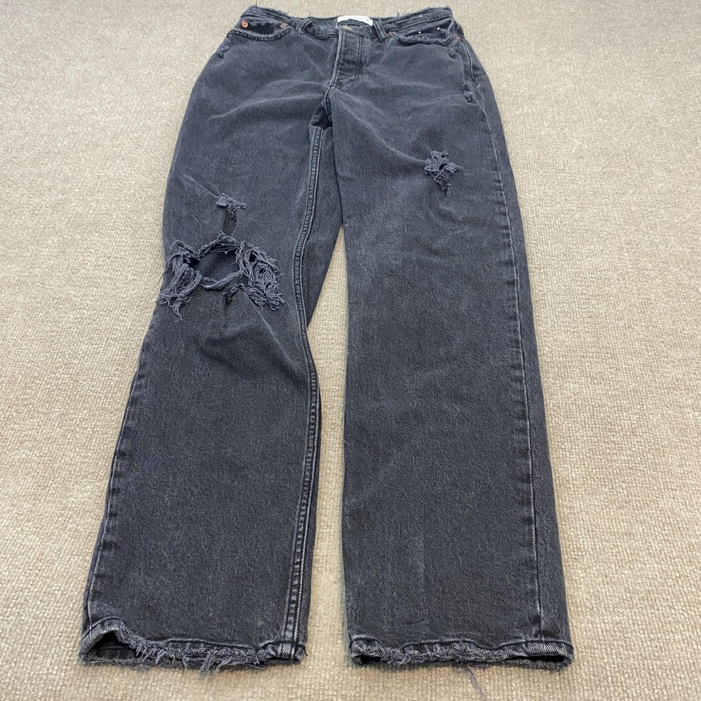 Abercrombie & Fitch Dad Jeans Womens 6/28 Black‎ High Rise Distressed Stretch